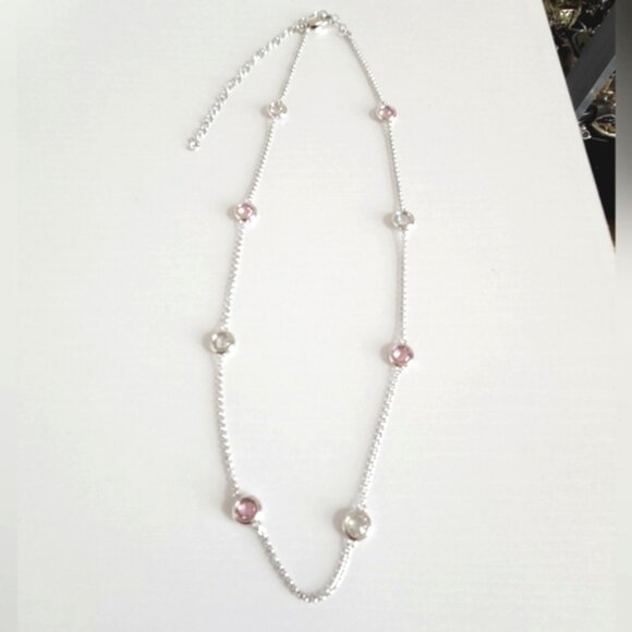 Dainty Sterling Silver Elegant Feminine Pink Round Crystal Chain Necklace - Picture 5 of 9